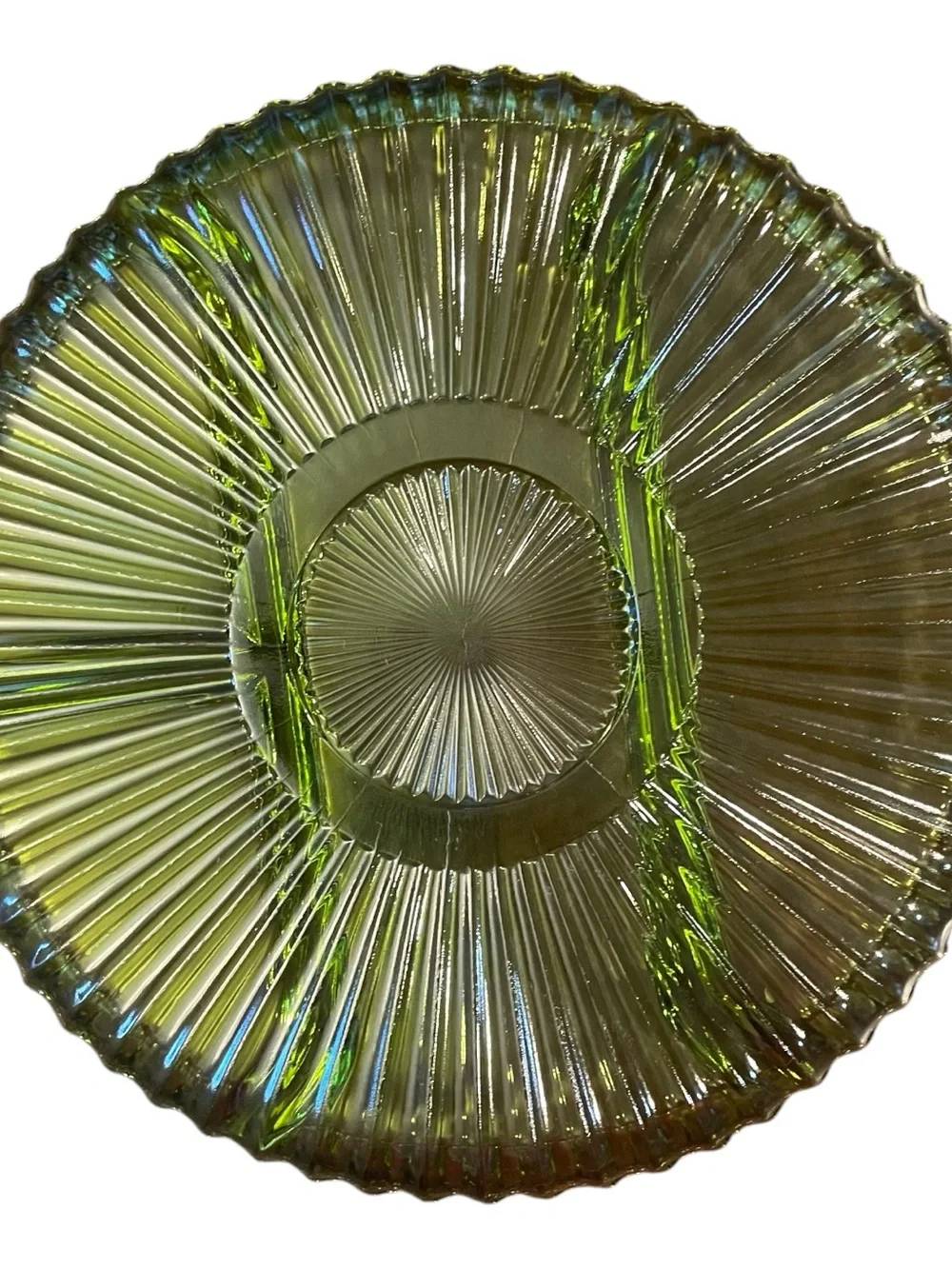 Vintage Indiana Glass Green Round 4 Section Divided Relish Dish Platter 10”